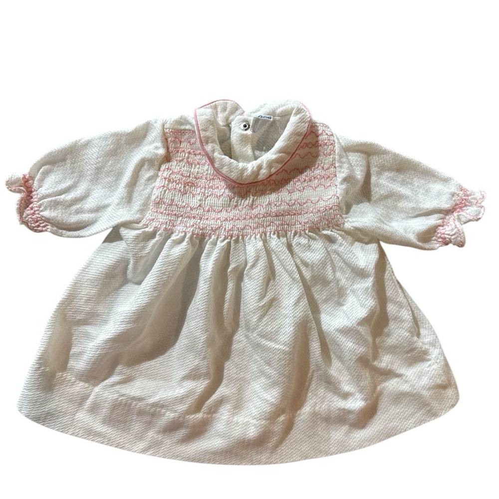 VTG 60s Carter's White Smocked Baby Dress - Pink Embroidery Heirloom - 1YR